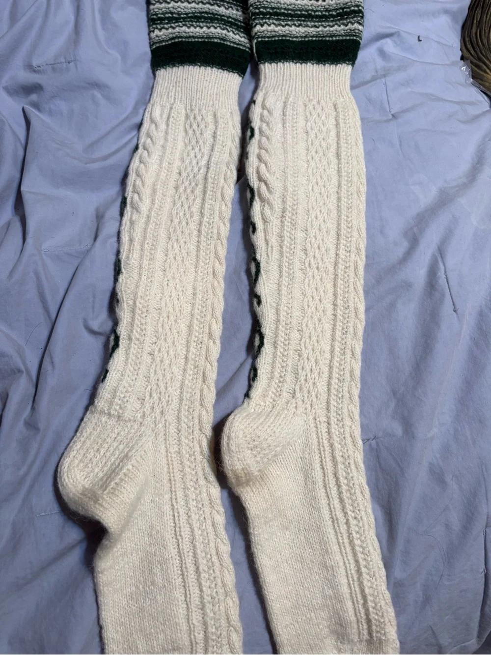 Cream Cable-Knit Arm Warmers with Dark Green Trim